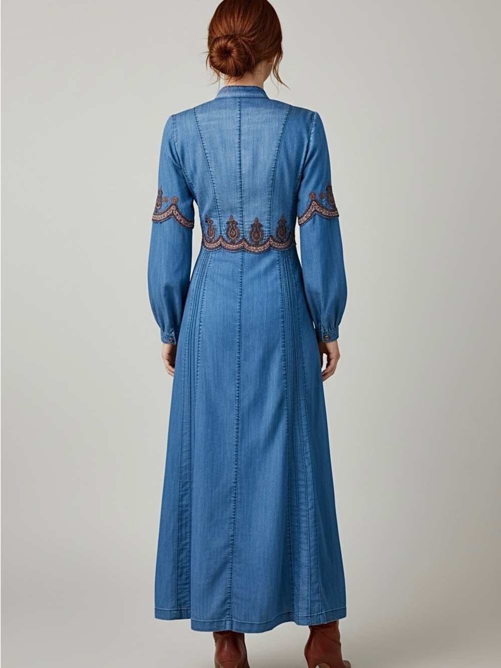 Vintage Y2K Denim Embroidered Boho Maxi Duster or Coat Dress | S M - Picture 15 of 16